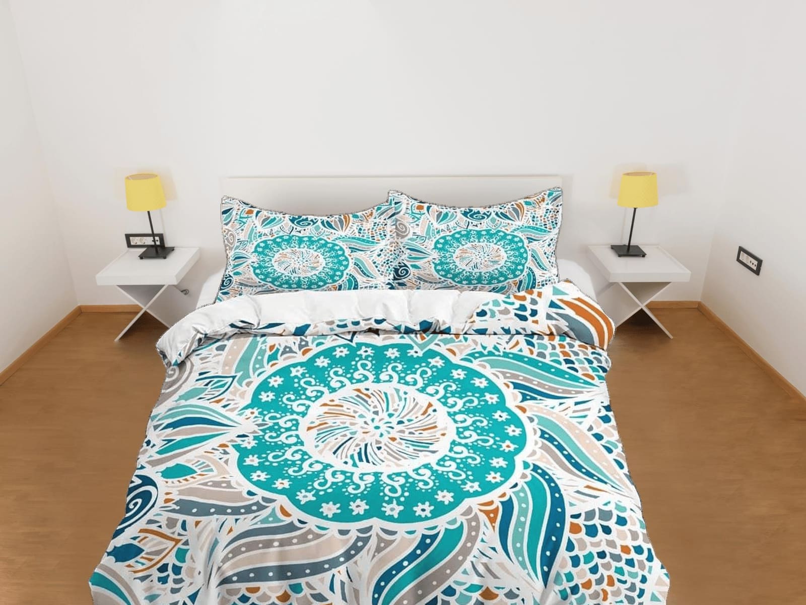 Aqua sea green patchwork quilt fish scales printed duvet cover set, aesthetic bedding set full, king, queen size, boho bed…