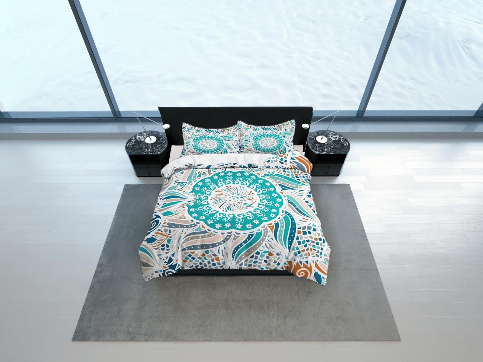 Aqua sea green patchwork quilt fish scales printed duvet cover set, aesthetic bedding set full, king, queen size, boho bed…
