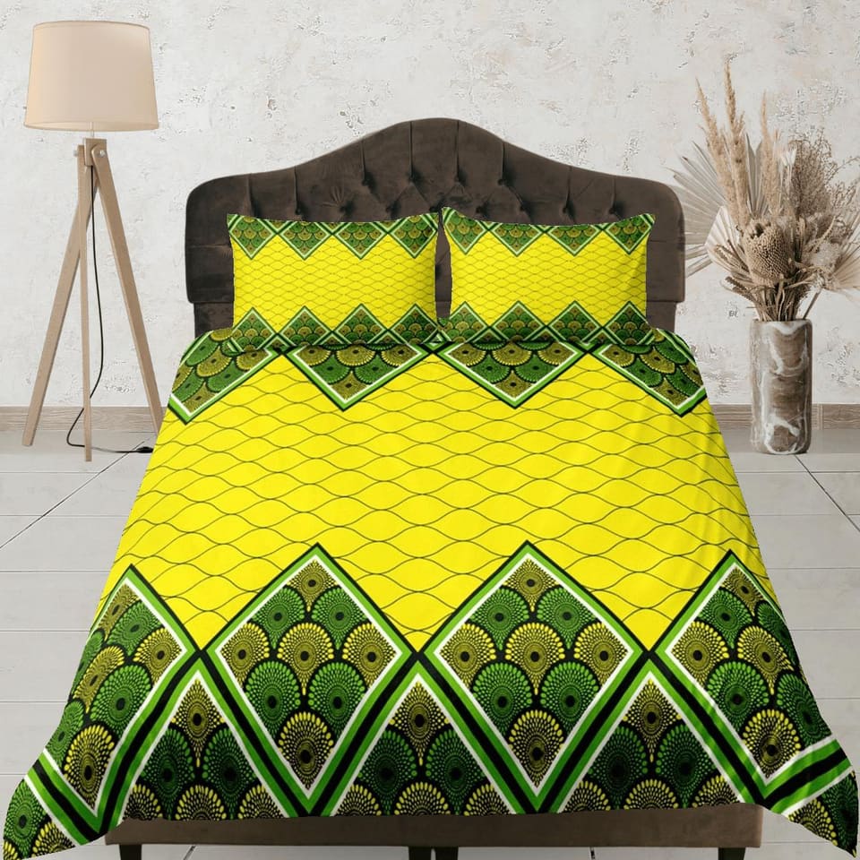 Artistic african geometric bedding set yellow duvet cover, boho bedding ethnic designs, afrocentric designer bedding, sout…