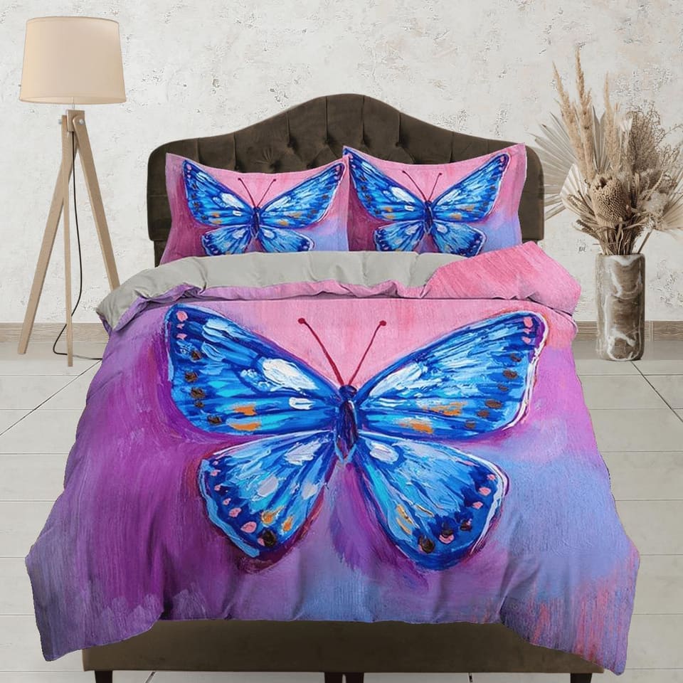 Artistic blue butterfly bedding boho chic aesthetic pink purple duvet cover, dorm bedding full size duvet king queen twin,…