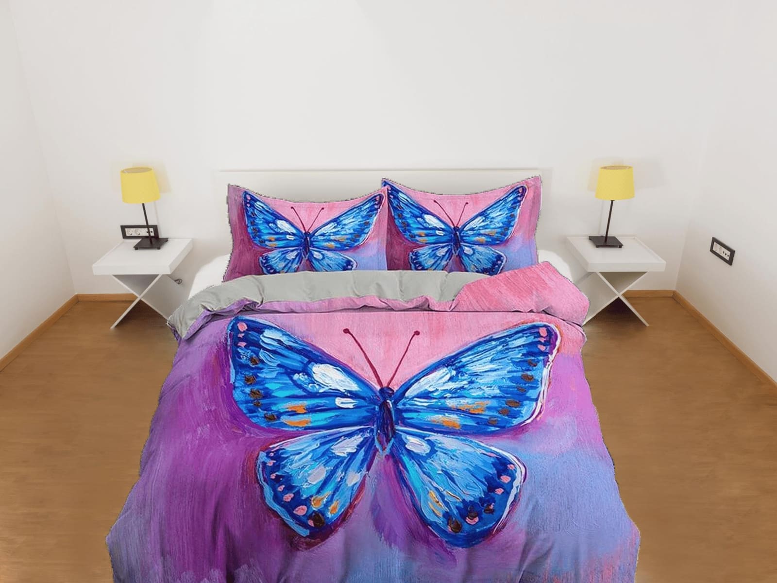 Artistic blue butterfly bedding boho chic aesthetic pink purple duvet cover, dorm bedding full size duvet king queen twin,…