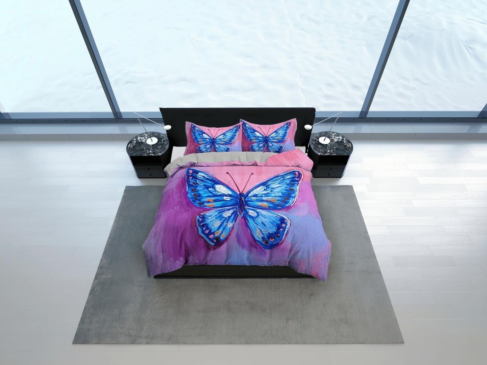 Artistic blue butterfly bedding boho chic aesthetic pink purple duvet cover, dorm bedding full size duvet king queen twin,…