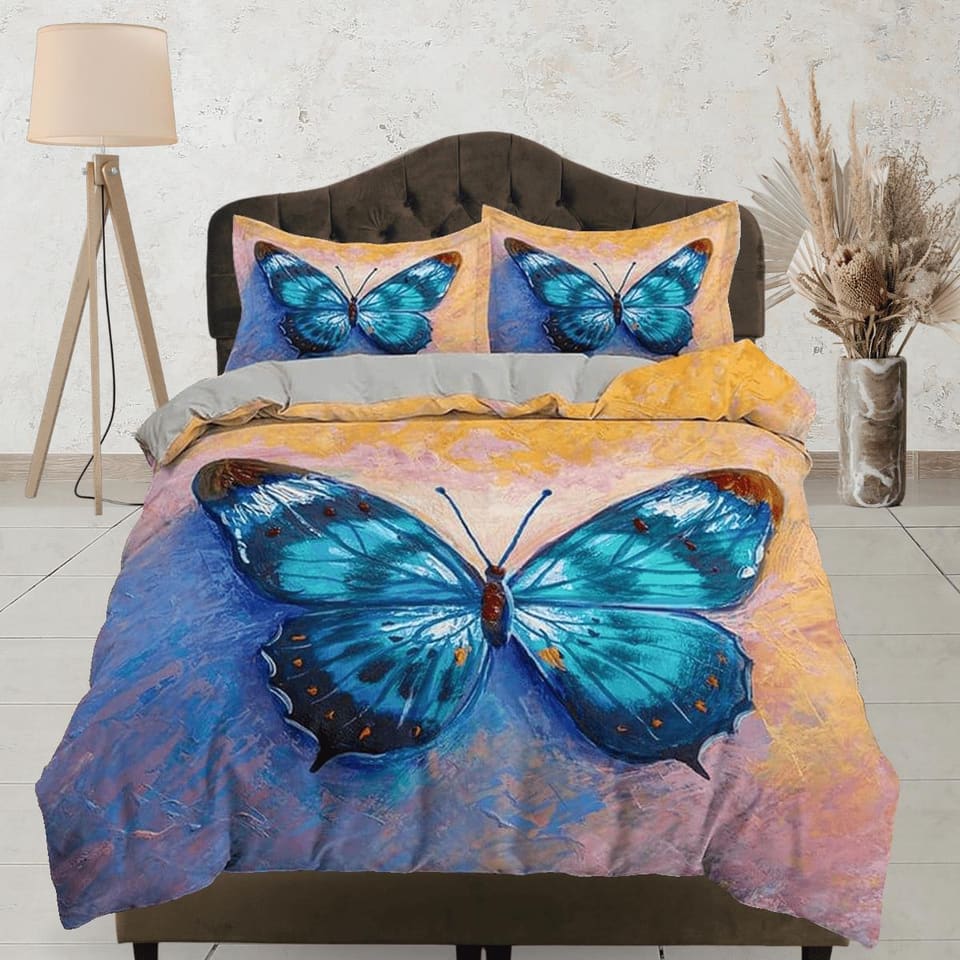 Artistic blue butterfly bedding boho chic aesthetic yellow orange duvet cover, dorm bedding full size duvet king queen twi…