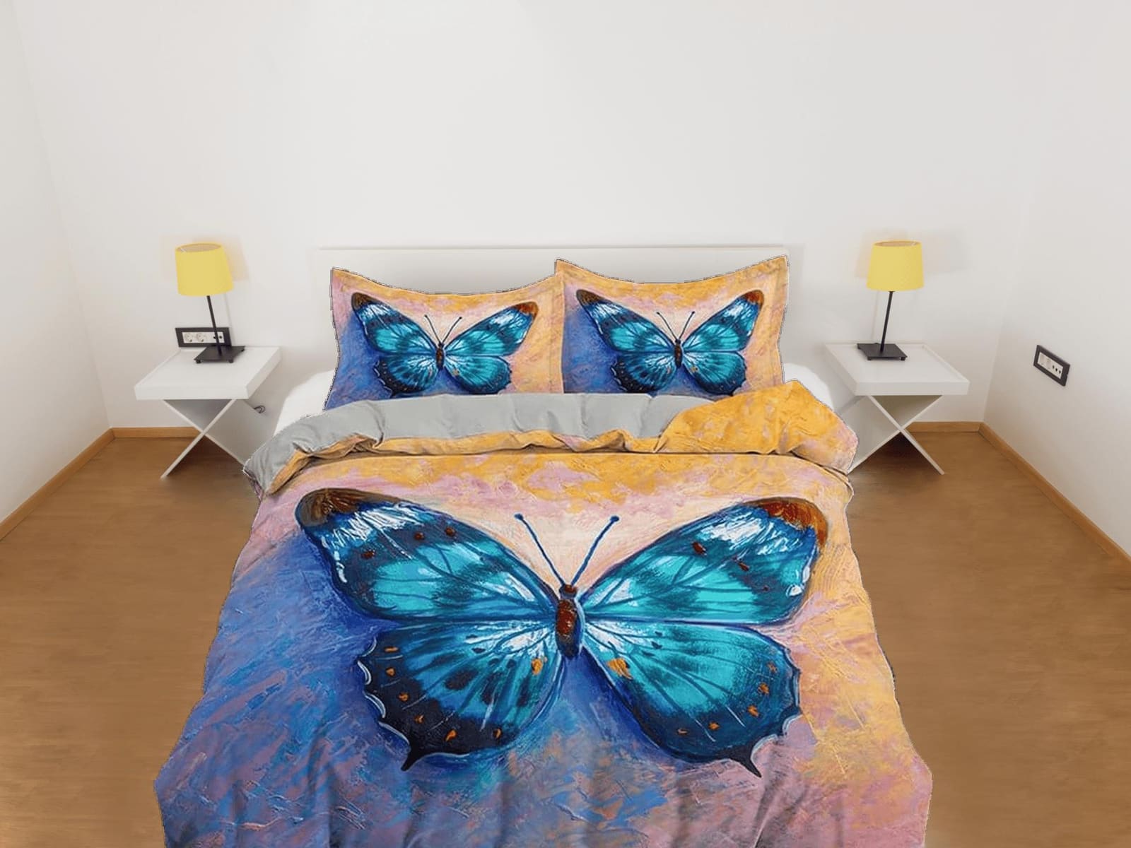 Artistic blue butterfly bedding boho chic aesthetic yellow orange duvet cover, dorm bedding full size duvet king queen twi…