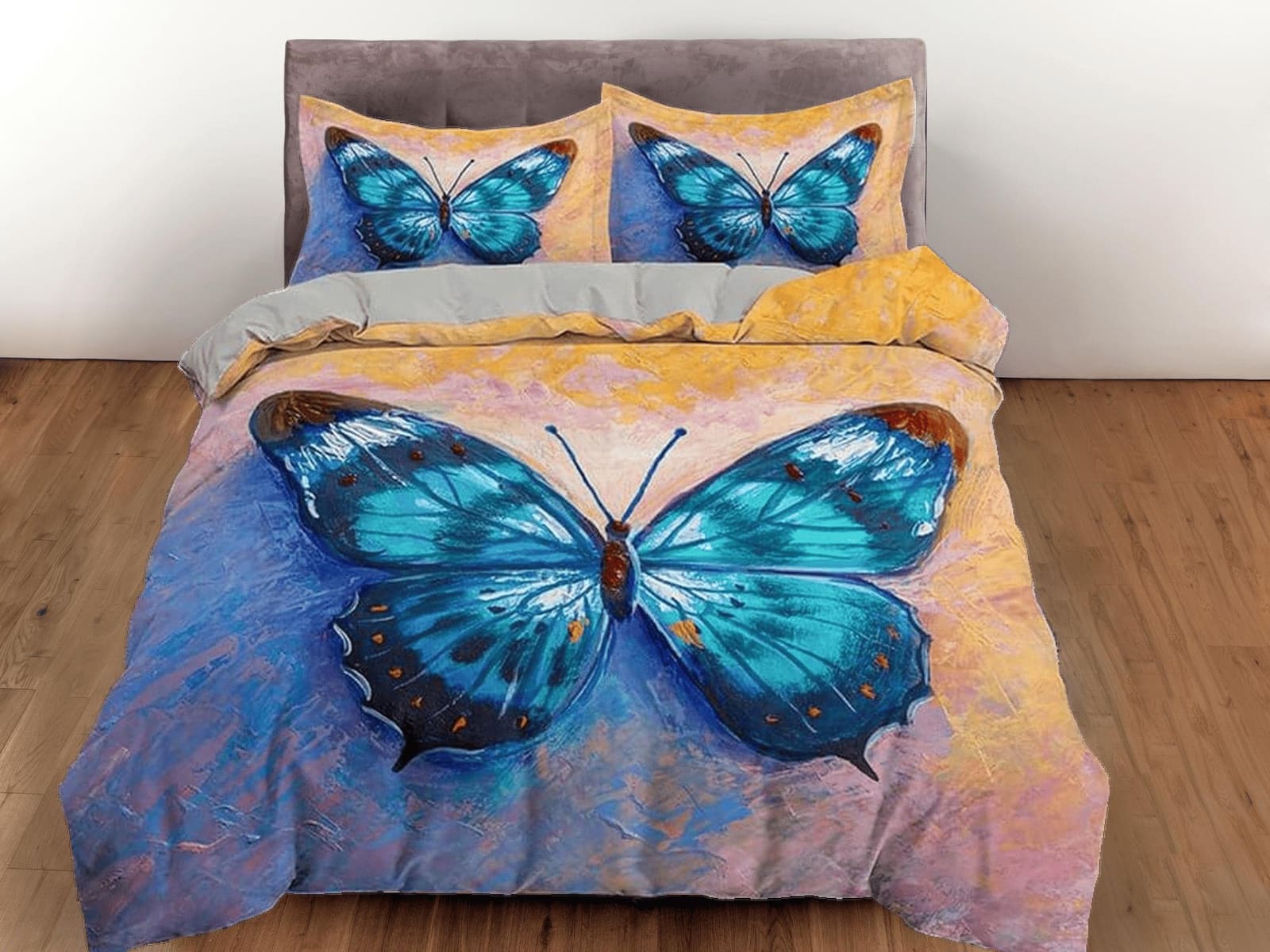 Artistic blue butterfly bedding boho chic aesthetic yellow orange duvet cover, dorm bedding full size duvet king queen twi…