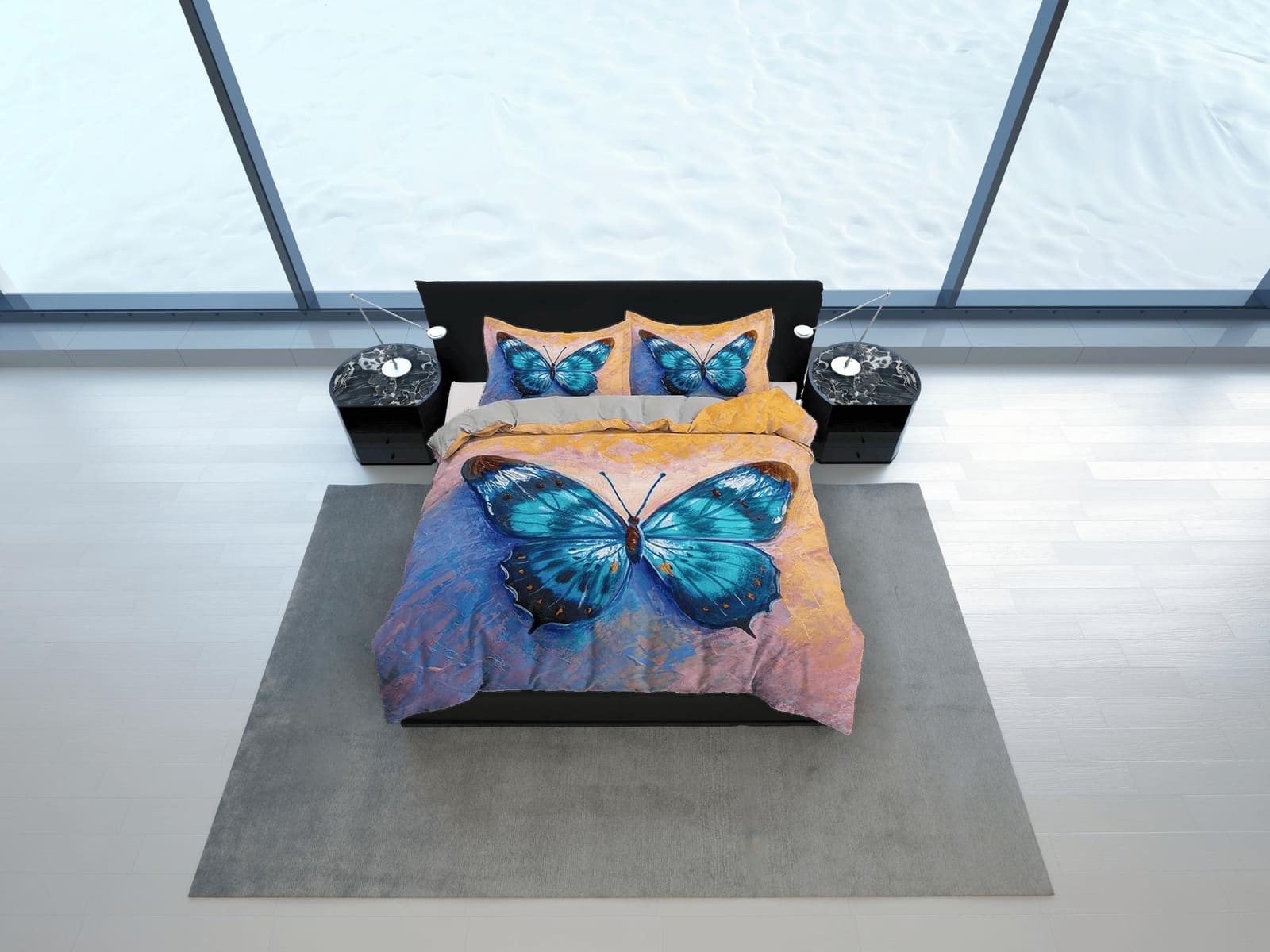 Artistic blue butterfly bedding boho chic aesthetic yellow orange duvet cover, dorm bedding full size duvet king queen twi…
