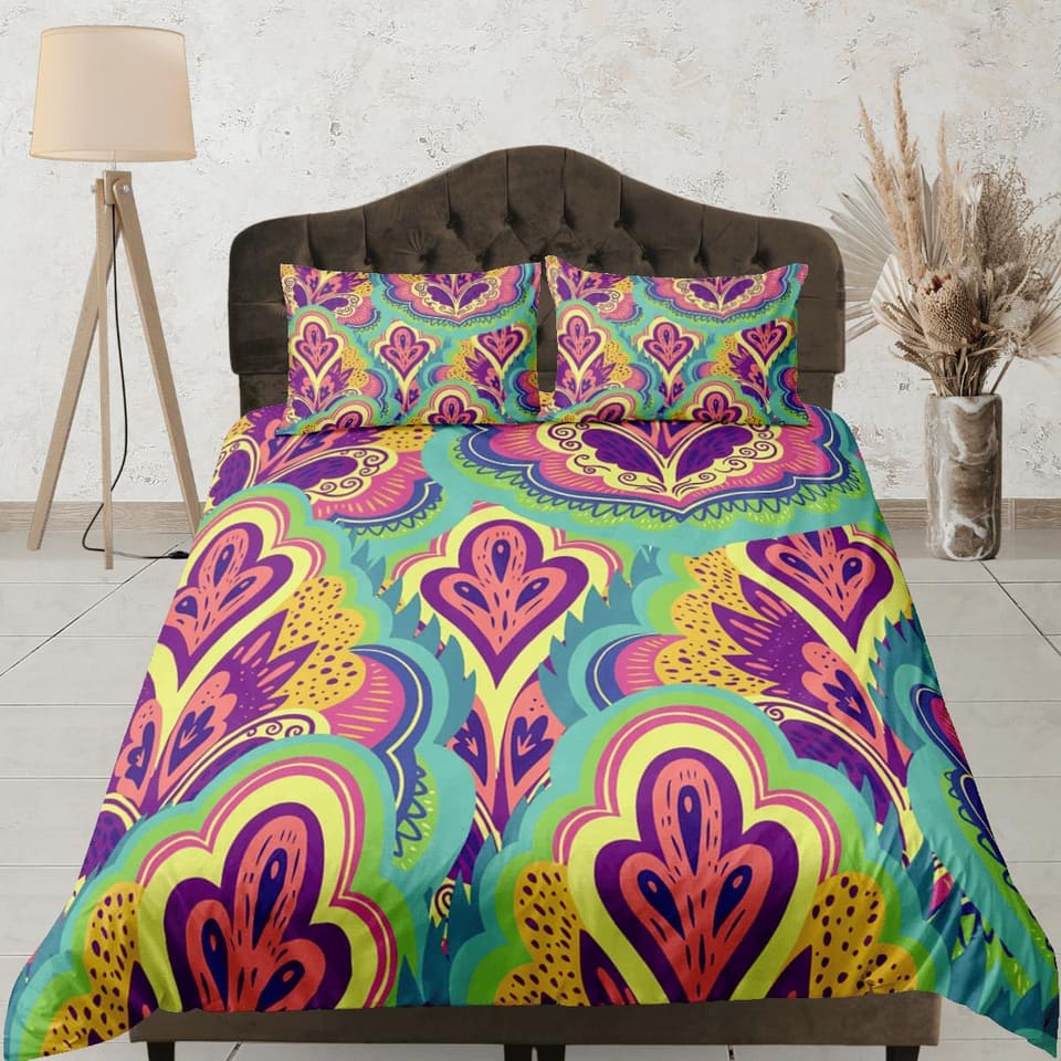 Artistic bright colors paisley duvet cover set, aesthetic room decor bedding set full, king, queen size, abstract boho bed…