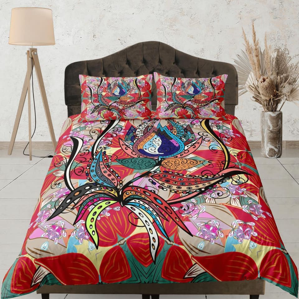 Artistic flower paisley red duvet cover set, aesthetic room decor bedding set full, king, queen size, abstract boho bedspr…