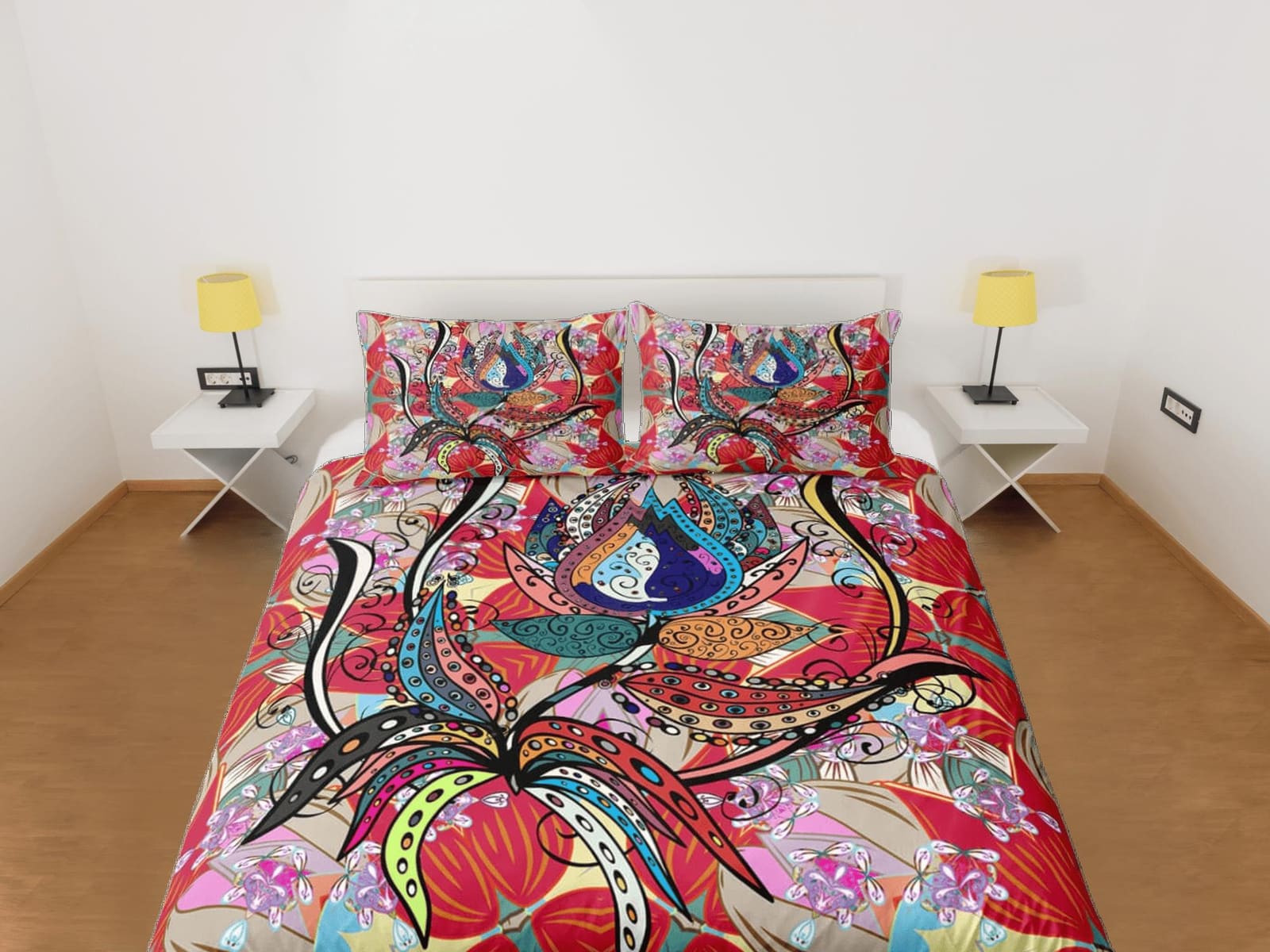 Artistic flower paisley red duvet cover set, aesthetic room decor bedding set full, king, queen size, abstract boho bedspr…