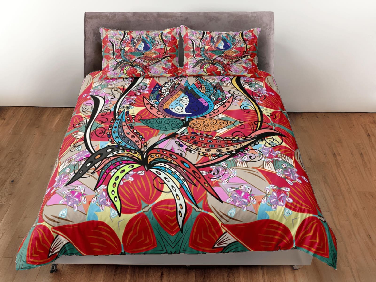 Artistic flower paisley red duvet cover set, aesthetic room decor bedding set full, king, queen size, abstract boho bedspr…