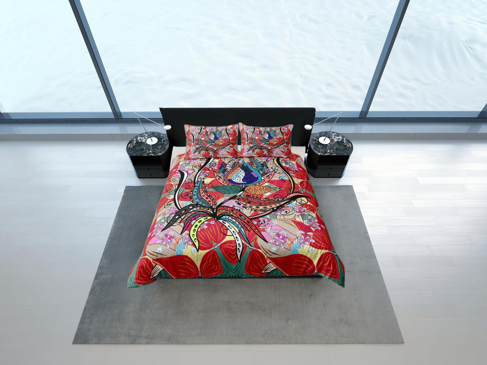 Artistic flower paisley red duvet cover set, aesthetic room decor bedding set full, king, queen size, abstract boho bedspr…