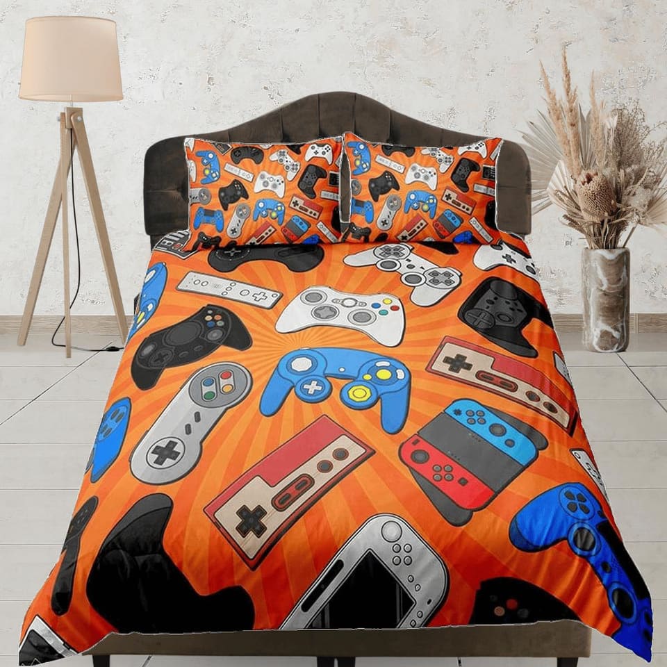 Assorted controllers gamer bedding orange duvet cover, video gamer boyfriend gift bedding set full king queen twin boys be…
