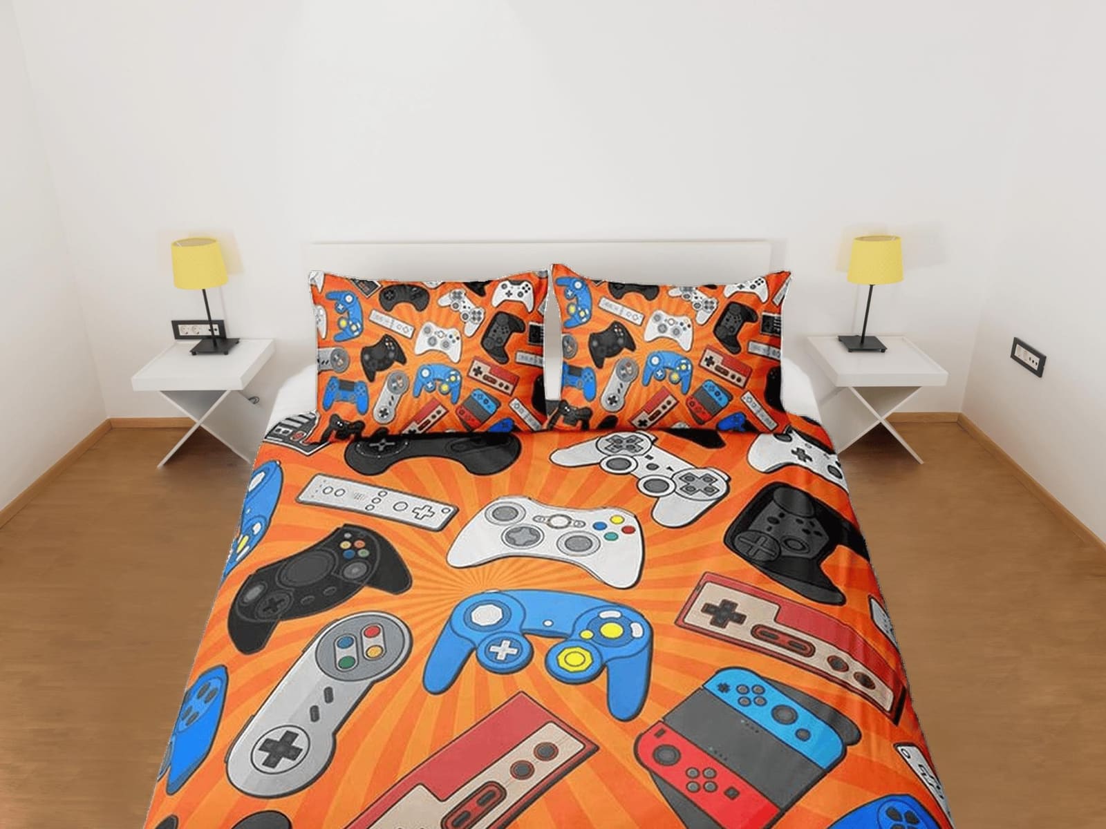 Assorted controllers gamer bedding orange duvet cover, video gamer boyfriend gift bedding set full king queen twin boys be…
