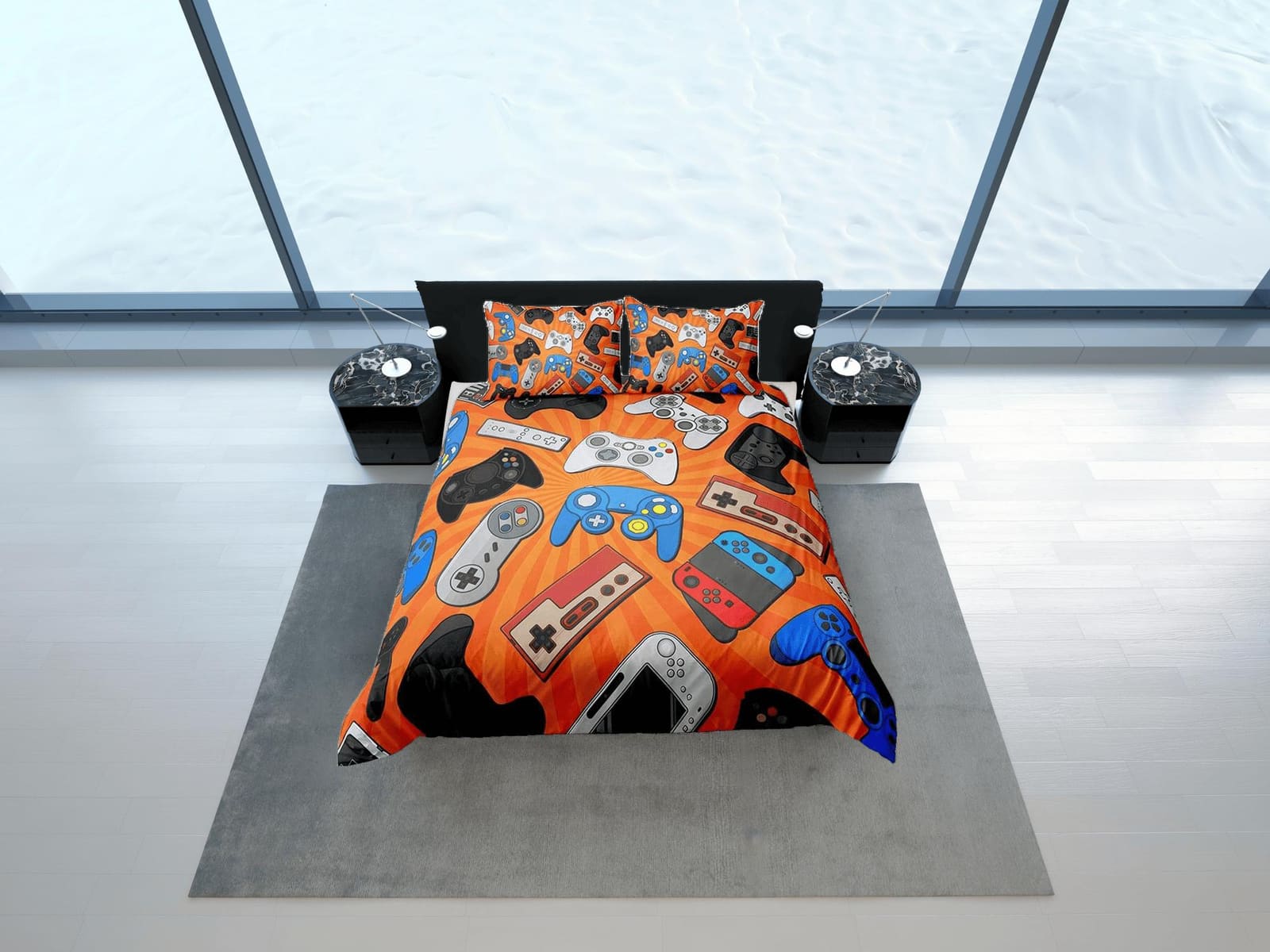 Assorted controllers gamer bedding orange duvet cover, video gamer boyfriend gift bedding set full king queen twin boys be…