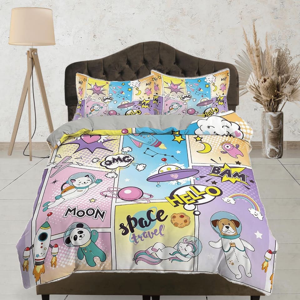 Astro panda and bear comics pastel colored toddler bedding, unique duvet cover kids, crib bedding, baby zipper bedding, ki…