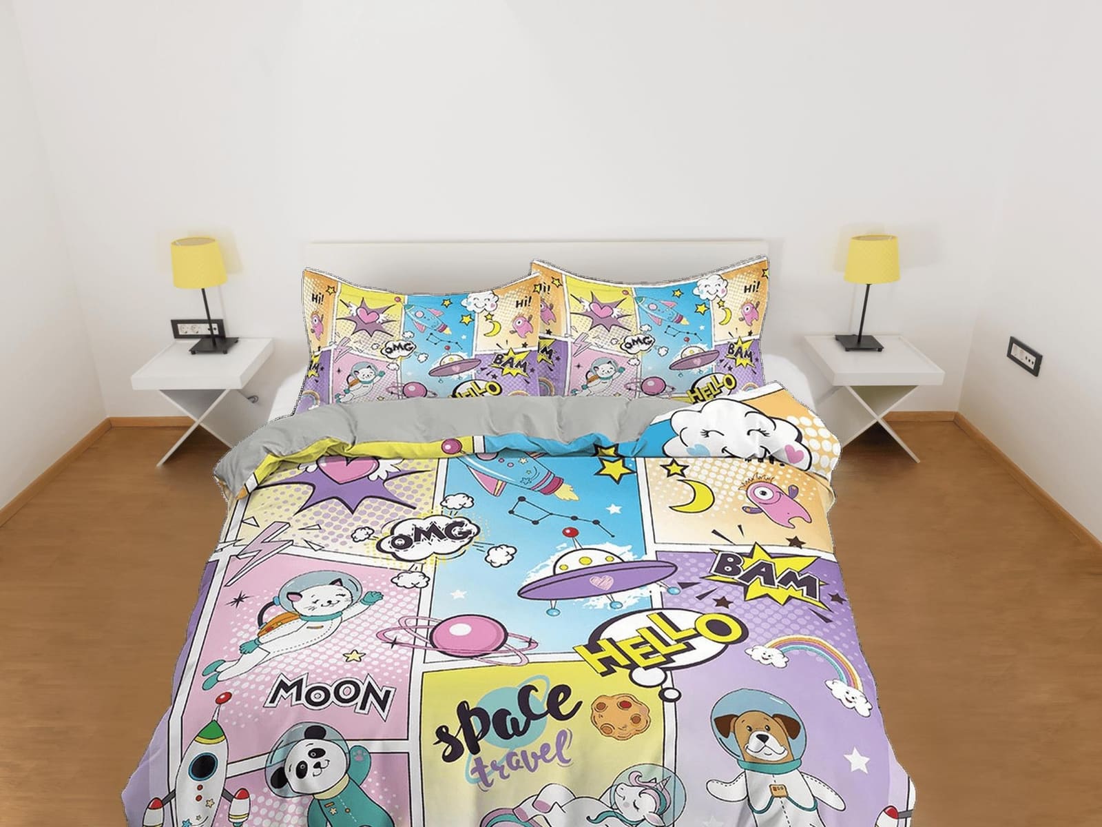 Astro panda and bear comics pastel colored toddler bedding, unique duvet cover kids, crib bedding, baby zipper bedding, ki…