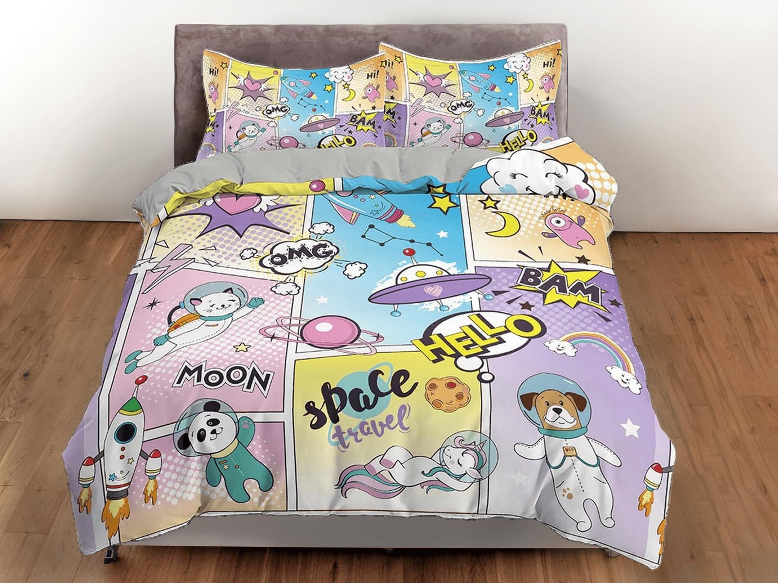 Astro panda and bear comics pastel colored toddler bedding, unique duvet cover kids, crib bedding, baby zipper bedding, ki…