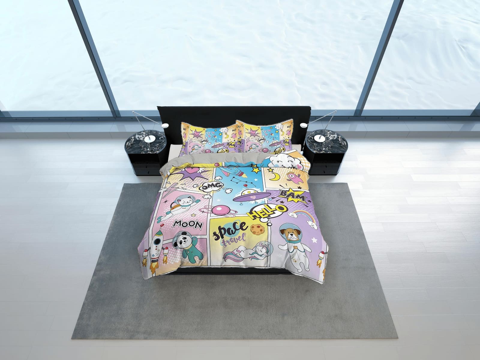 Astro panda and bear comics pastel colored toddler bedding, unique duvet cover kids, crib bedding, baby zipper bedding, ki…