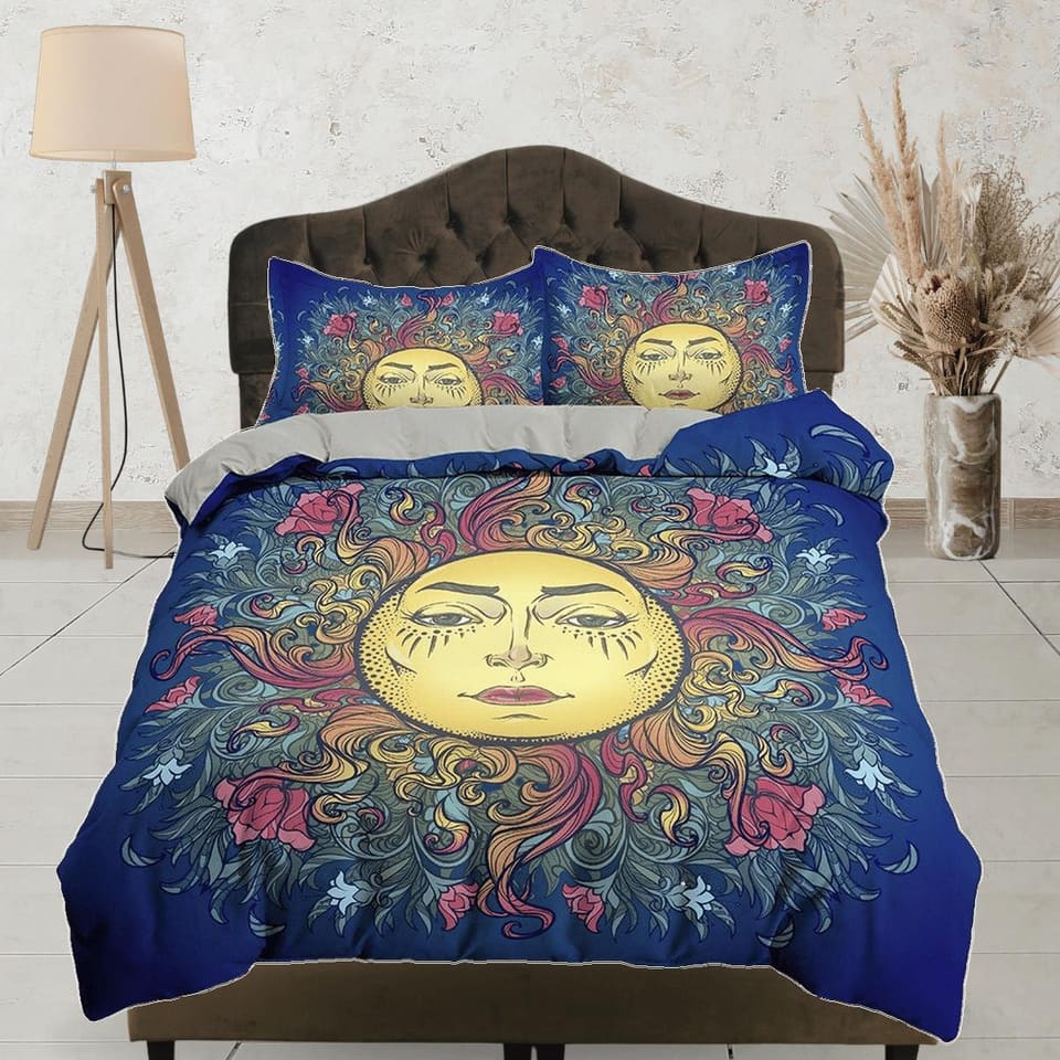 Astrology Sun Boho Navy Blue Bedding, Zodiac Gift Celestial Dorm Bedding, Duvet Cover Set, Aesthetic Duvet Cover King Quee…