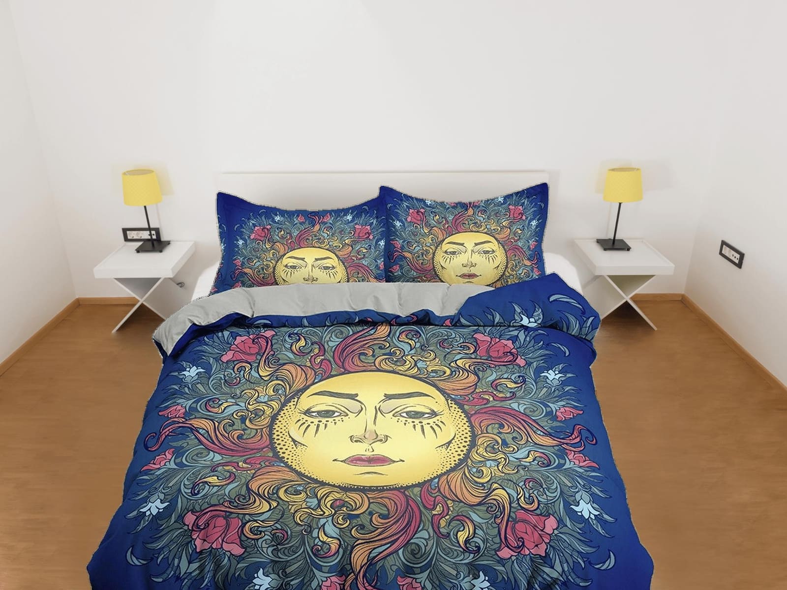 Astrology Sun Boho Navy Blue Bedding, Zodiac Gift Celestial Dorm Bedding, Duvet Cover Set, Aesthetic Duvet Cover King Quee…