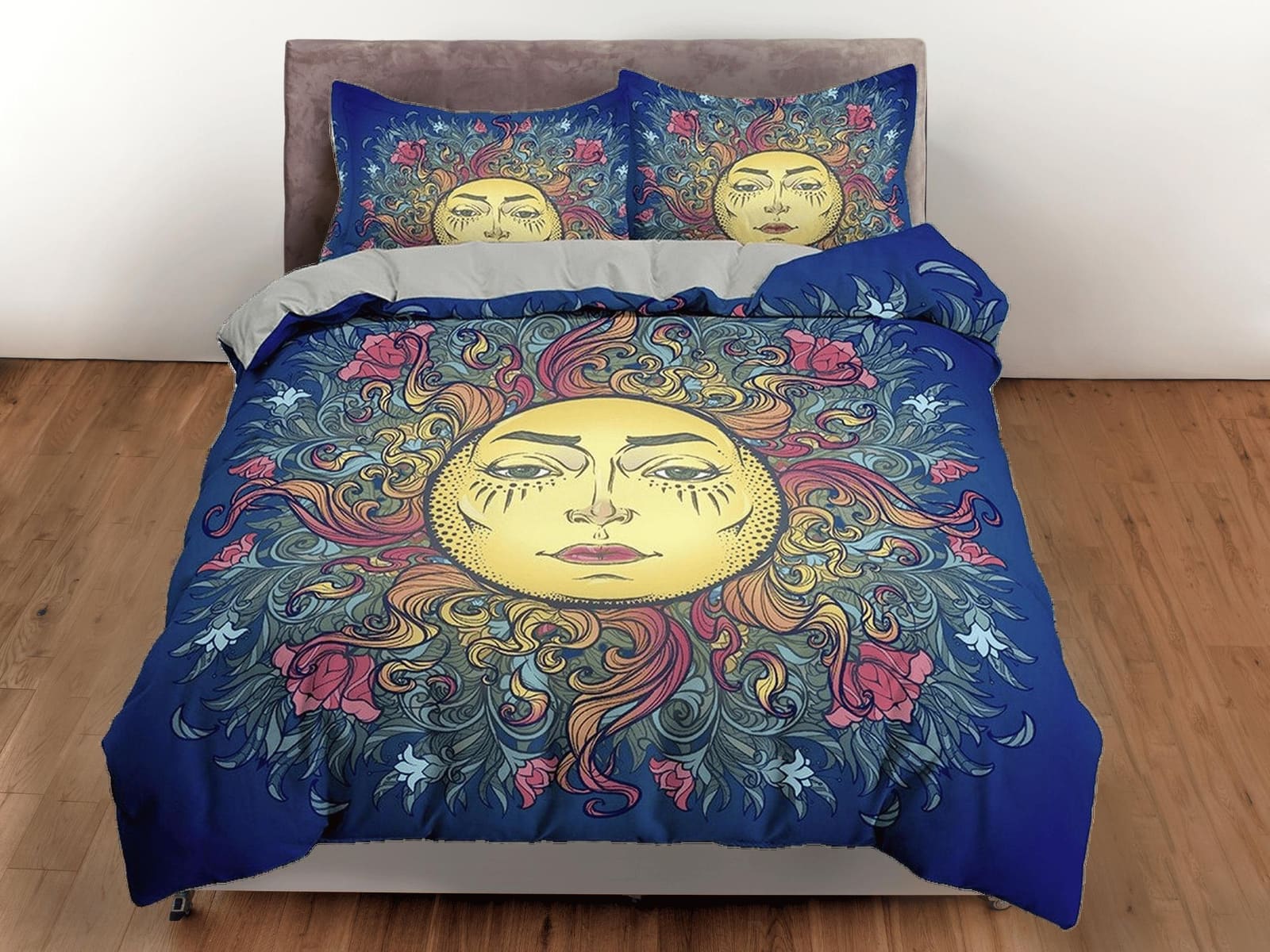 Astrology Sun Boho Navy Blue Bedding, Zodiac Gift Celestial Dorm Bedding, Duvet Cover Set, Aesthetic Duvet Cover King Quee…
