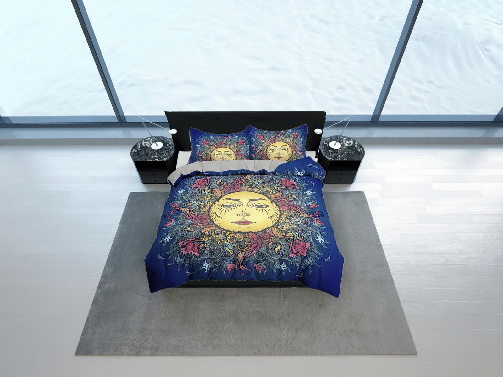 Astrology Sun Boho Navy Blue Bedding, Zodiac Gift Celestial Dorm Bedding, Duvet Cover Set, Aesthetic Duvet Cover King Quee…