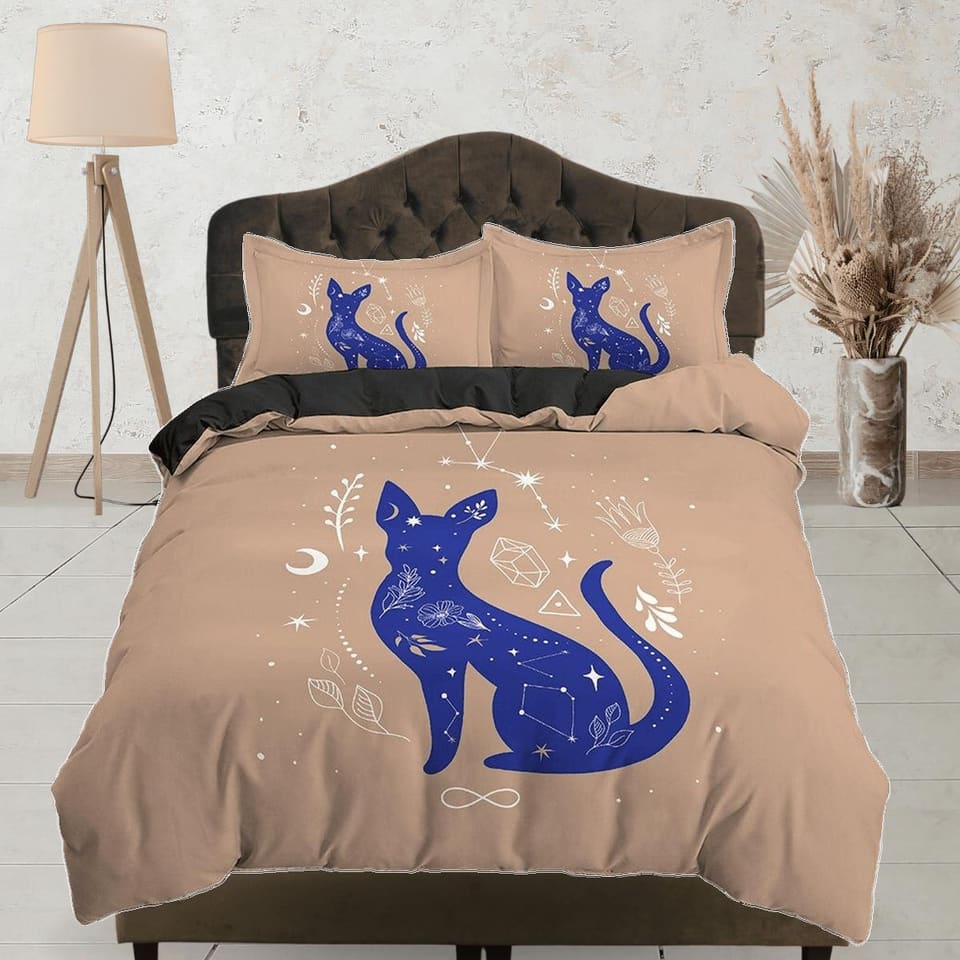 Astrology Zodiac Mystic Cat Boho Bedding, Bohemian Dorm Bedding, Duvet Cover Set, Aesthetic Duvet Cover King Queen Full Tw…