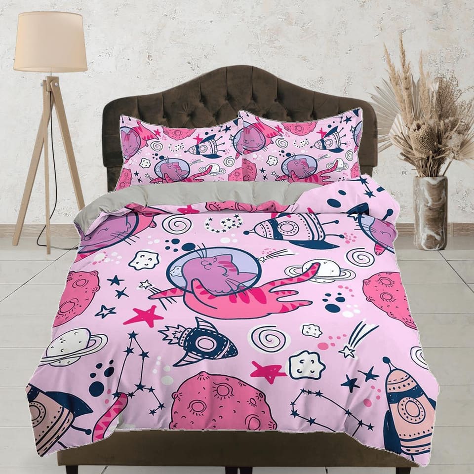 Astronaut Cat in Space Kids Baby Pink Duvet Cover Set, Toddler Bedding, Kids Bedroom, Cute Bedding, Duvet King Queen Full…