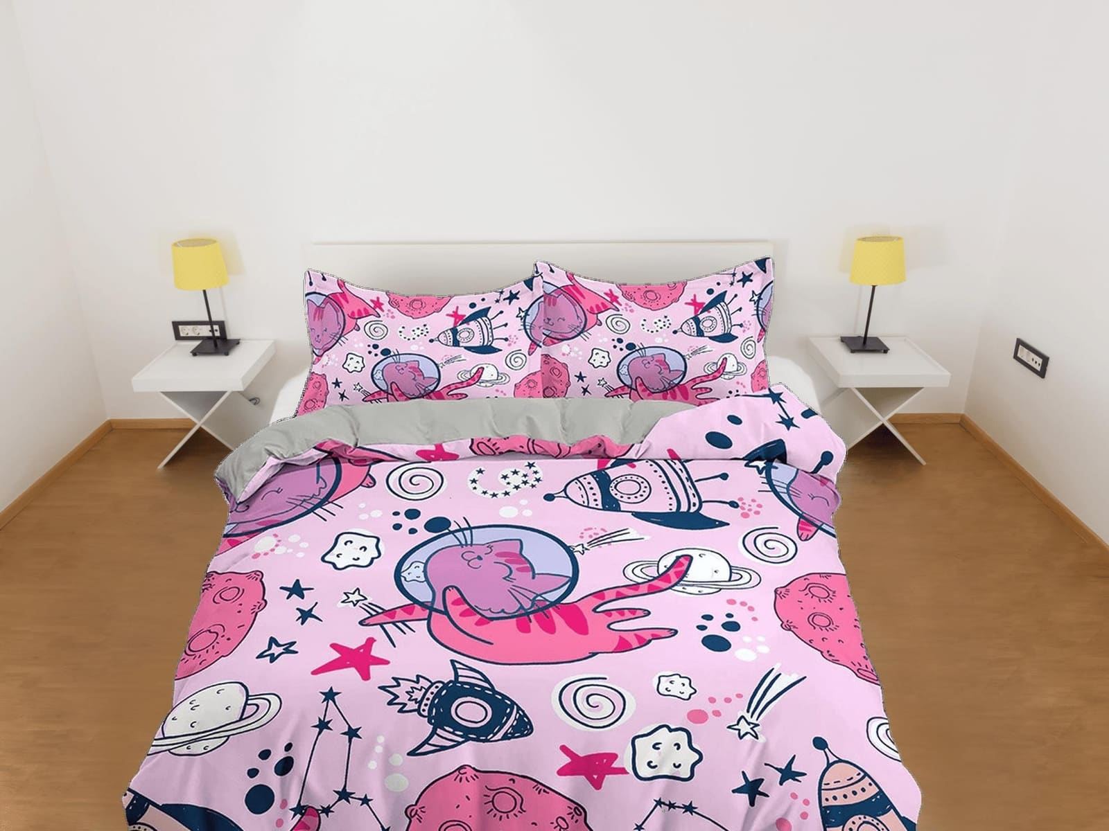 Astronaut Cat in Space Kids Baby Pink Duvet Cover Set, Toddler Bedding, Kids Bedroom, Cute Bedding, Duvet King Queen Full…