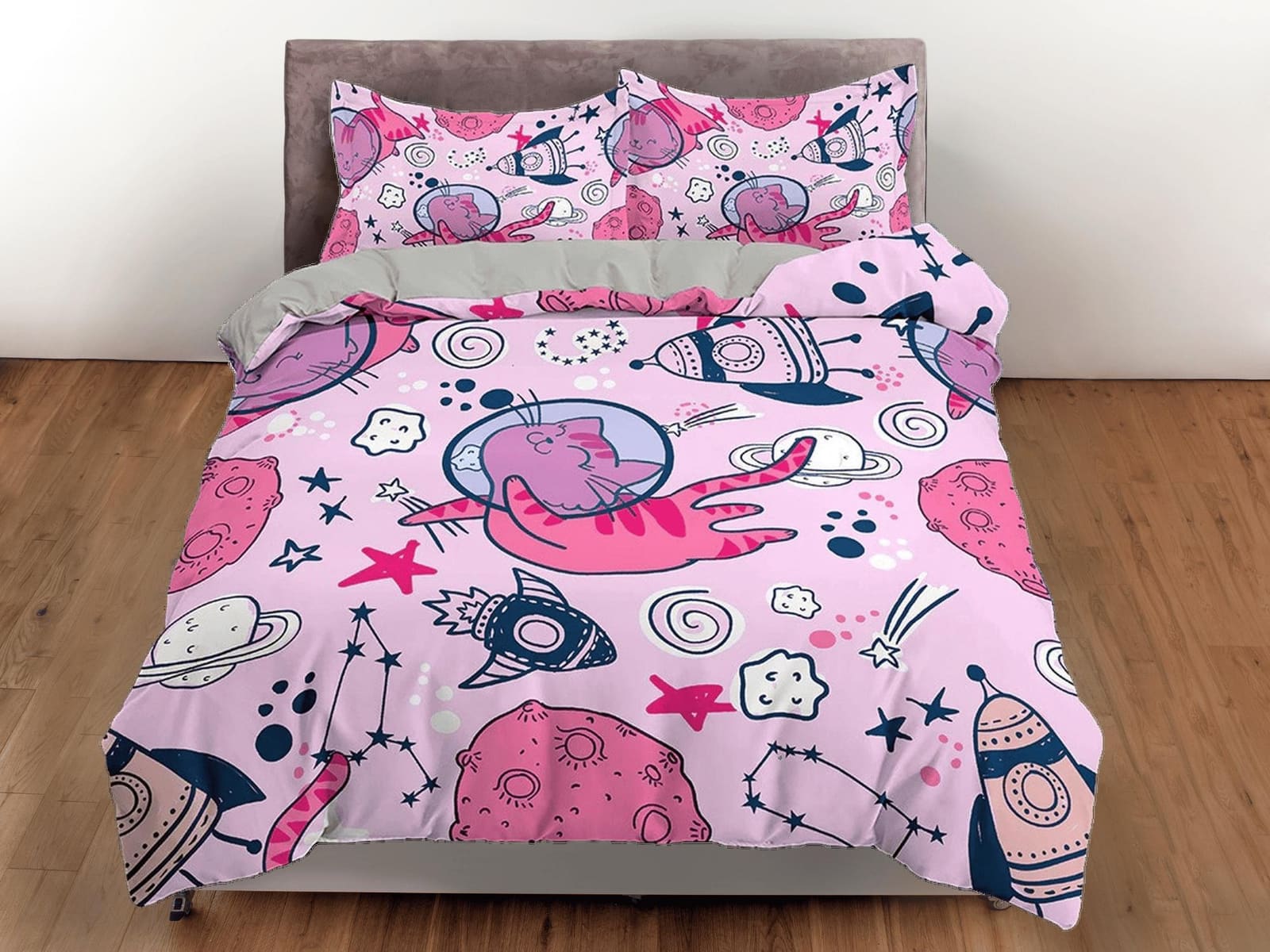 Astronaut Cat in Space Kids Baby Pink Duvet Cover Set, Toddler Bedding, Kids Bedroom, Cute Bedding, Duvet King Queen Full…