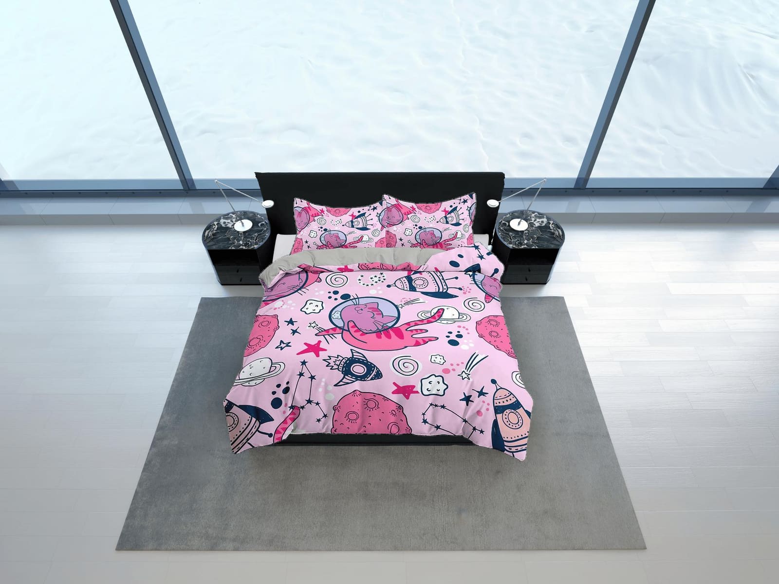 Astronaut Cat in Space Kids Baby Pink Duvet Cover Set, Toddler Bedding, Kids Bedroom, Cute Bedding, Duvet King Queen Full…