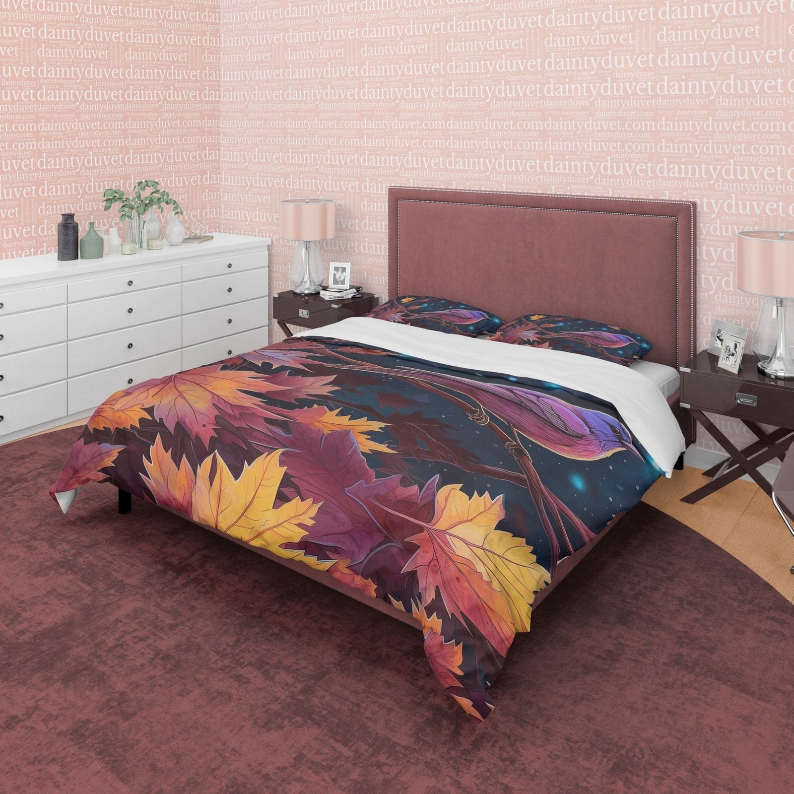 Autumn Leaf Retro Duvet Cover, Midnight Bird Quilt Cover Bedding Set, Falling Leaf Pattern Bedspread, Vintage Bed Cover, Z…