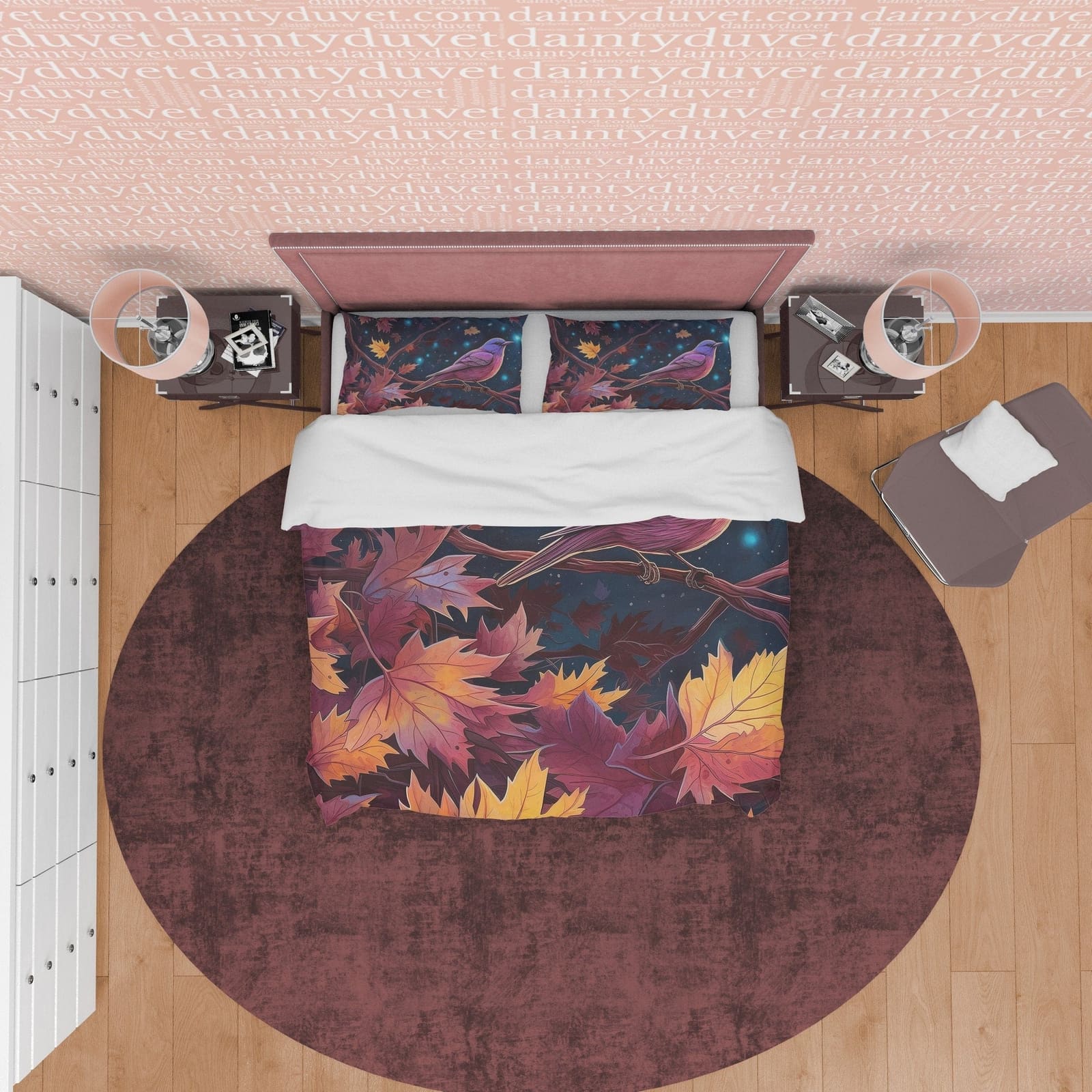 Autumn Leaf Retro Duvet Cover, Midnight Bird Quilt Cover Bedding Set, Falling Leaf Pattern Bedspread, Vintage Bed Cover, Z…