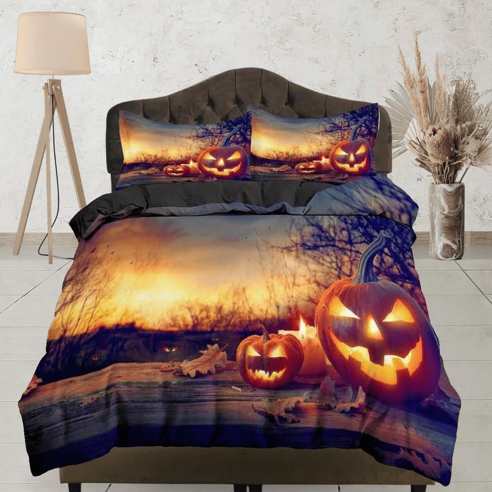 Autumn pumpkin halloween bedding & pillowcase, gothic duvet cover, dorm bedding, halloween goth decor toddler bedding, hal…