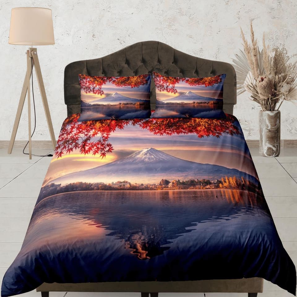 Autumn view of mt fuji japan oriental bedding, aesthetic duvet, japanese duvet cover set for king, queen, full, twin, sing…