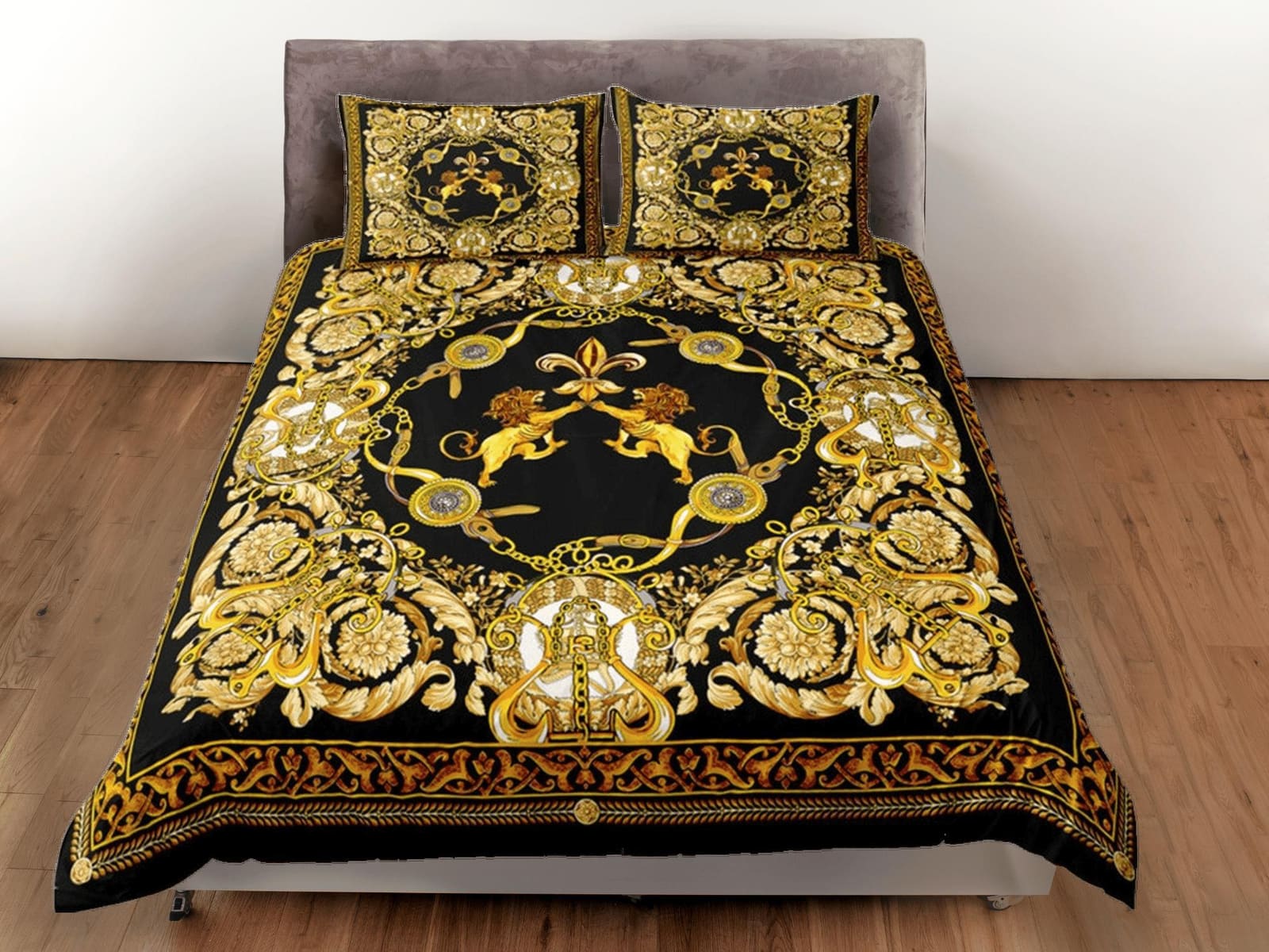 Baroque Black Gold Lion Luxury Duvet Cover Aesthetic Bedding Set Full Victorian Decor