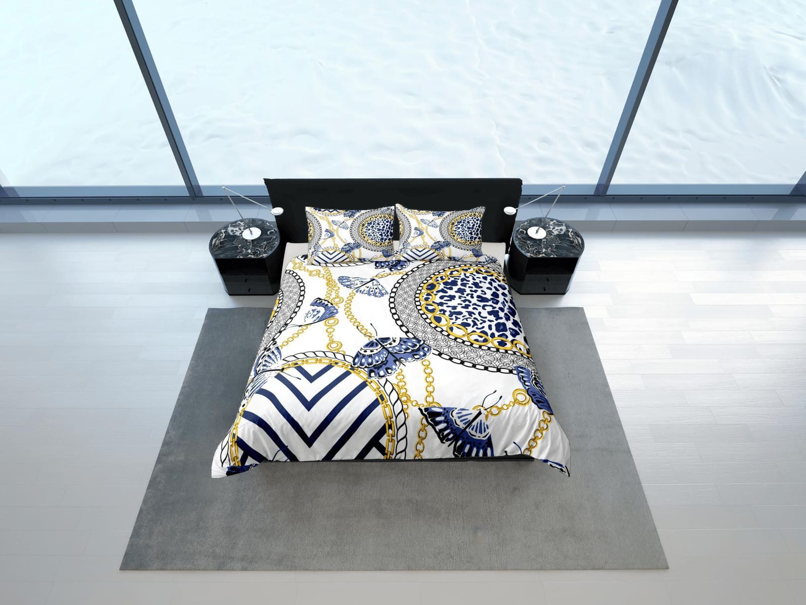 Baroque Blue Luxury Duvet Cover Set Aesthetic Bedding Set Full Victorian Decor,