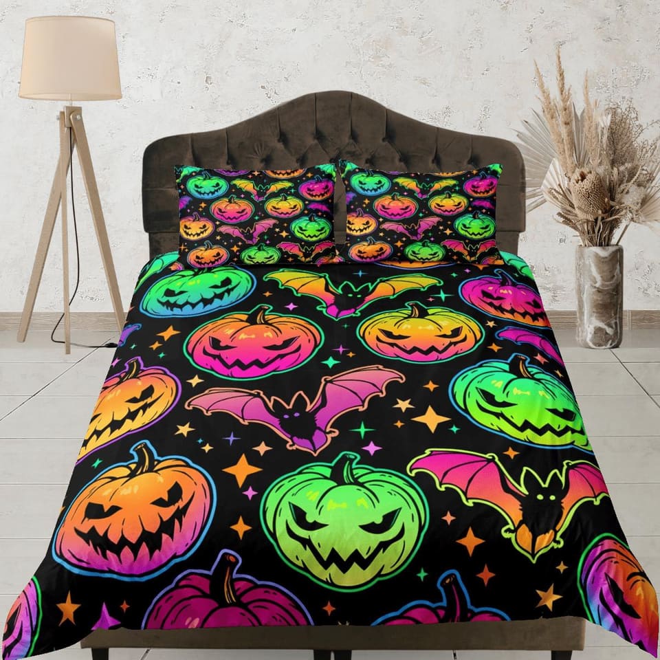 Bat and pumpkin 90s neon halloween bedding hippie retro duvet cover set, colorful dorm bedding, teens bedroom, adult duvet…
