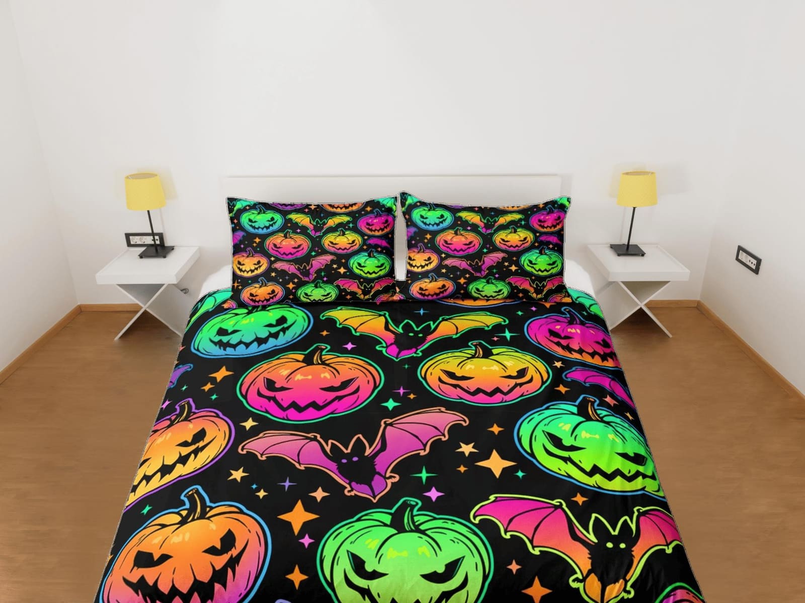 Bat and pumpkin 90s neon halloween bedding hippie retro duvet cover set, colorful dorm bedding, teens bedroom, adult duvet…