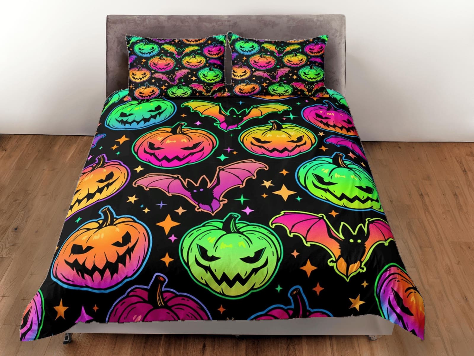 Bat and pumpkin 90s neon halloween bedding hippie retro duvet cover set, colorful dorm bedding, teens bedroom, adult duvet…