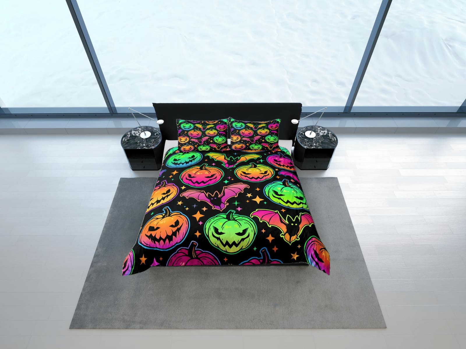 Bat and pumpkin 90s neon halloween bedding hippie retro duvet cover set, colorful dorm bedding, teens bedroom, adult duvet…
