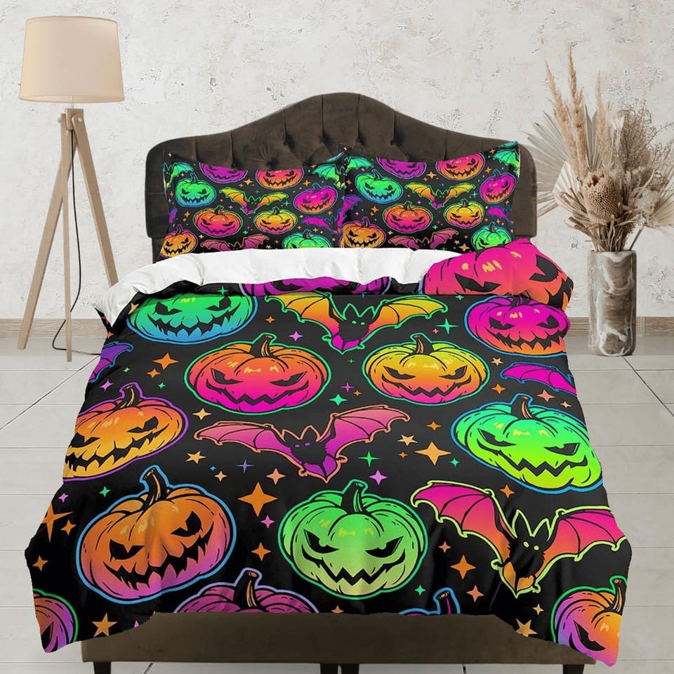 Bat and pumpkin colorful halloween bedding & pillowcase, gothic duvet cover, dorm bedding, goth decor toddler bedding, hal…