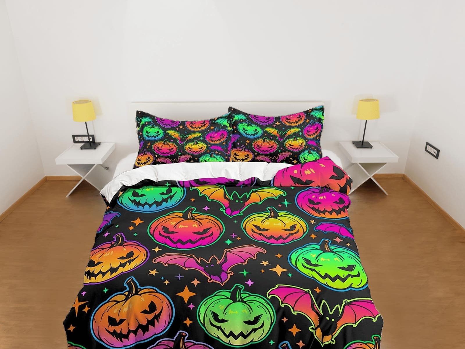 Bat and pumpkin colorful halloween bedding & pillowcase, gothic duvet cover, dorm bedding, goth decor toddler bedding, hal…