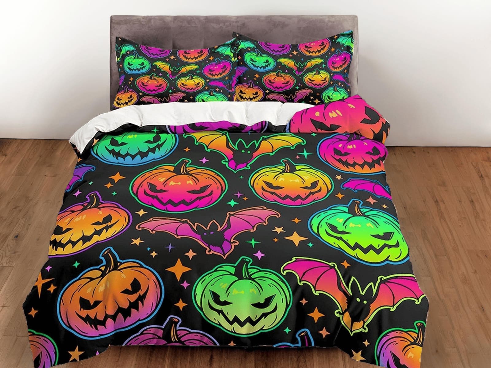 Bat and pumpkin colorful halloween bedding & pillowcase, gothic duvet cover, dorm bedding, goth decor toddler bedding, hal…