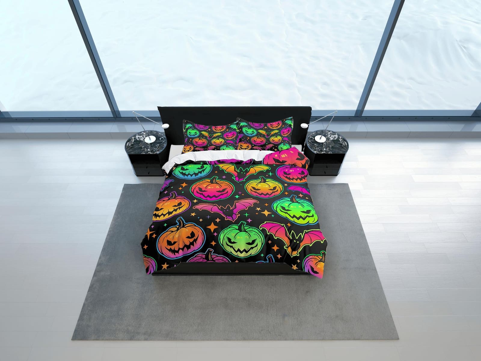 Bat and pumpkin colorful halloween bedding & pillowcase, gothic duvet cover, dorm bedding, goth decor toddler bedding, hal…