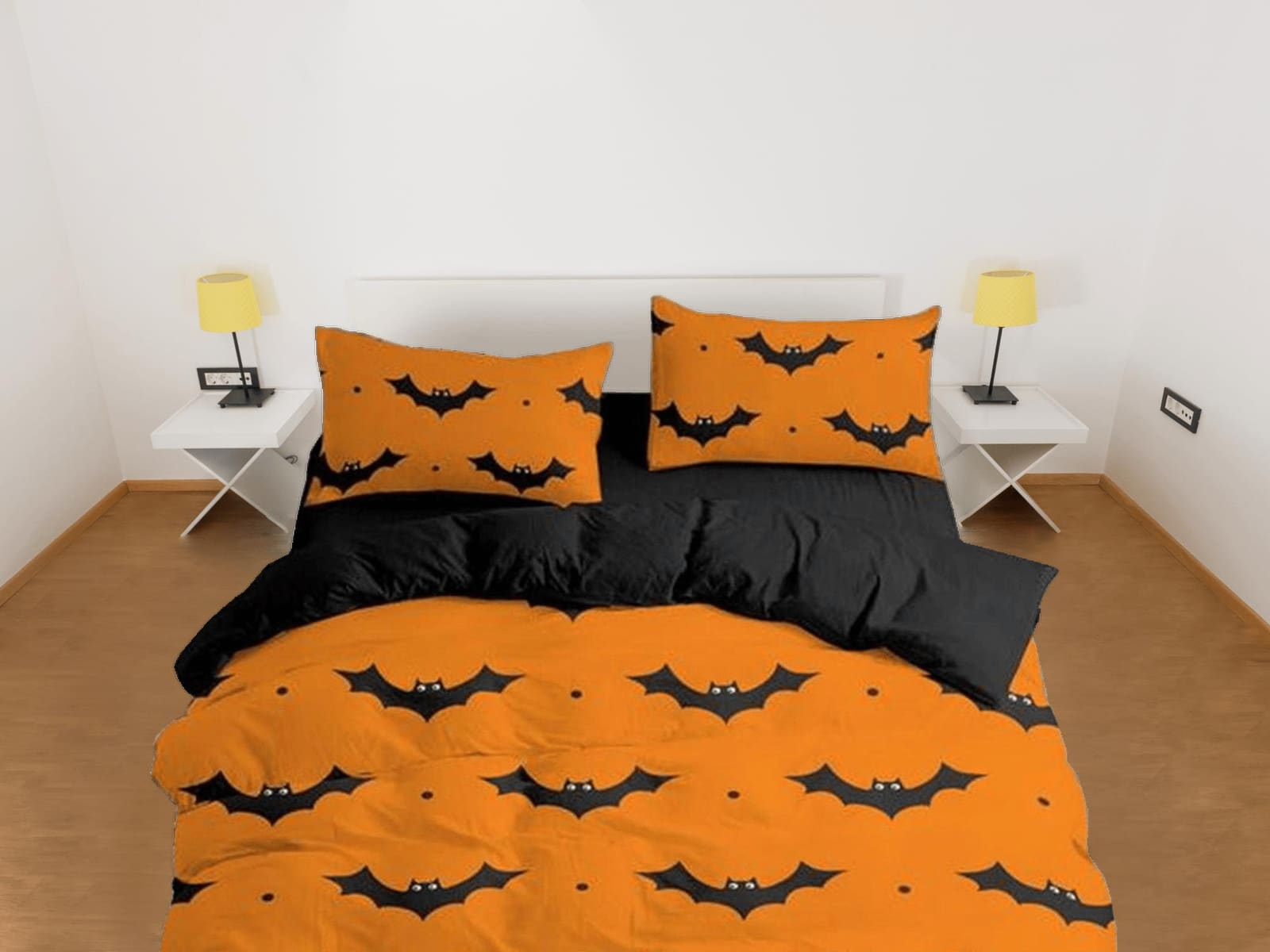 Bat halloween full size bedding & pillowcase, orange duvet cover set dorm bedding, halloween decor, nursery toddler beddin…