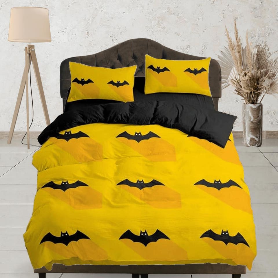 Bat halloween full size bedding & pillowcase, yellow duvet cover set dorm bedding, halloween decor, nursery toddler beddin…