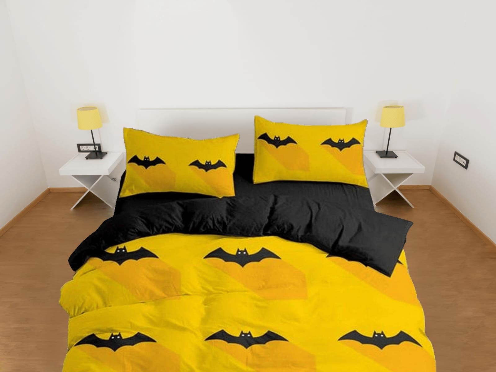Bat halloween full size bedding & pillowcase, yellow duvet cover set dorm bedding, halloween decor, nursery toddler beddin…
