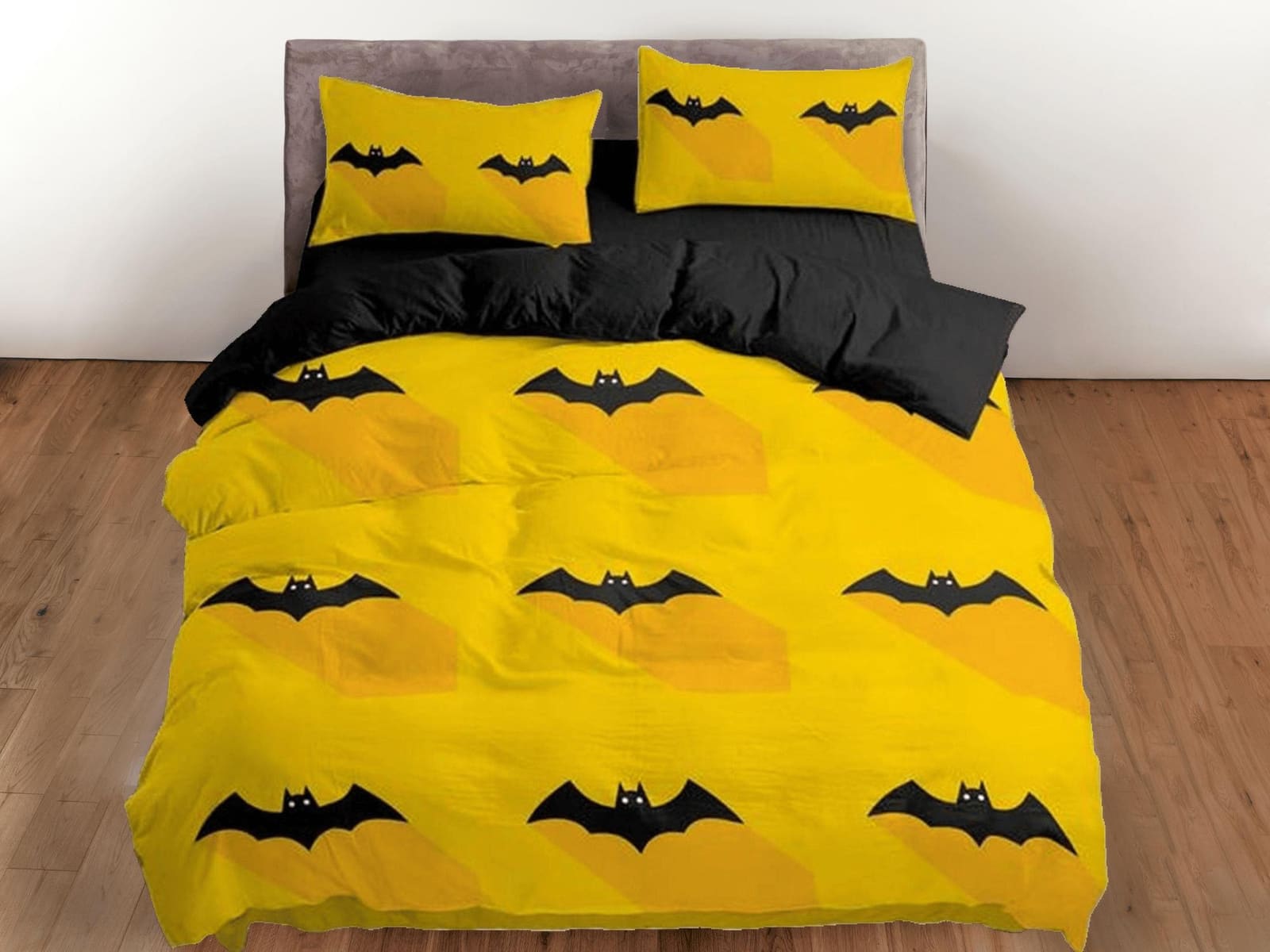 Bat halloween full size bedding & pillowcase, yellow duvet cover set dorm bedding, halloween decor, nursery toddler beddin…