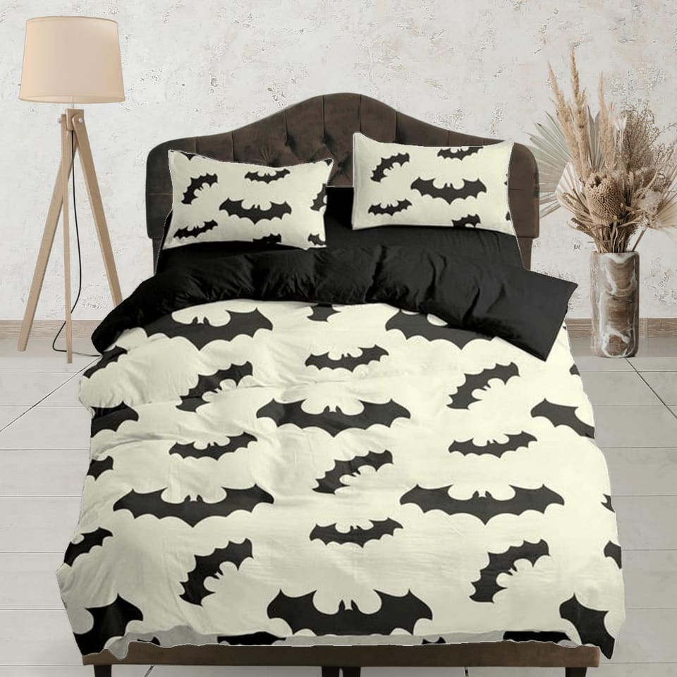 Bat pattern halloween full size bedding & pillowcase, cream white duvet cover set dorm bedding, nursery toddler bedding, h…